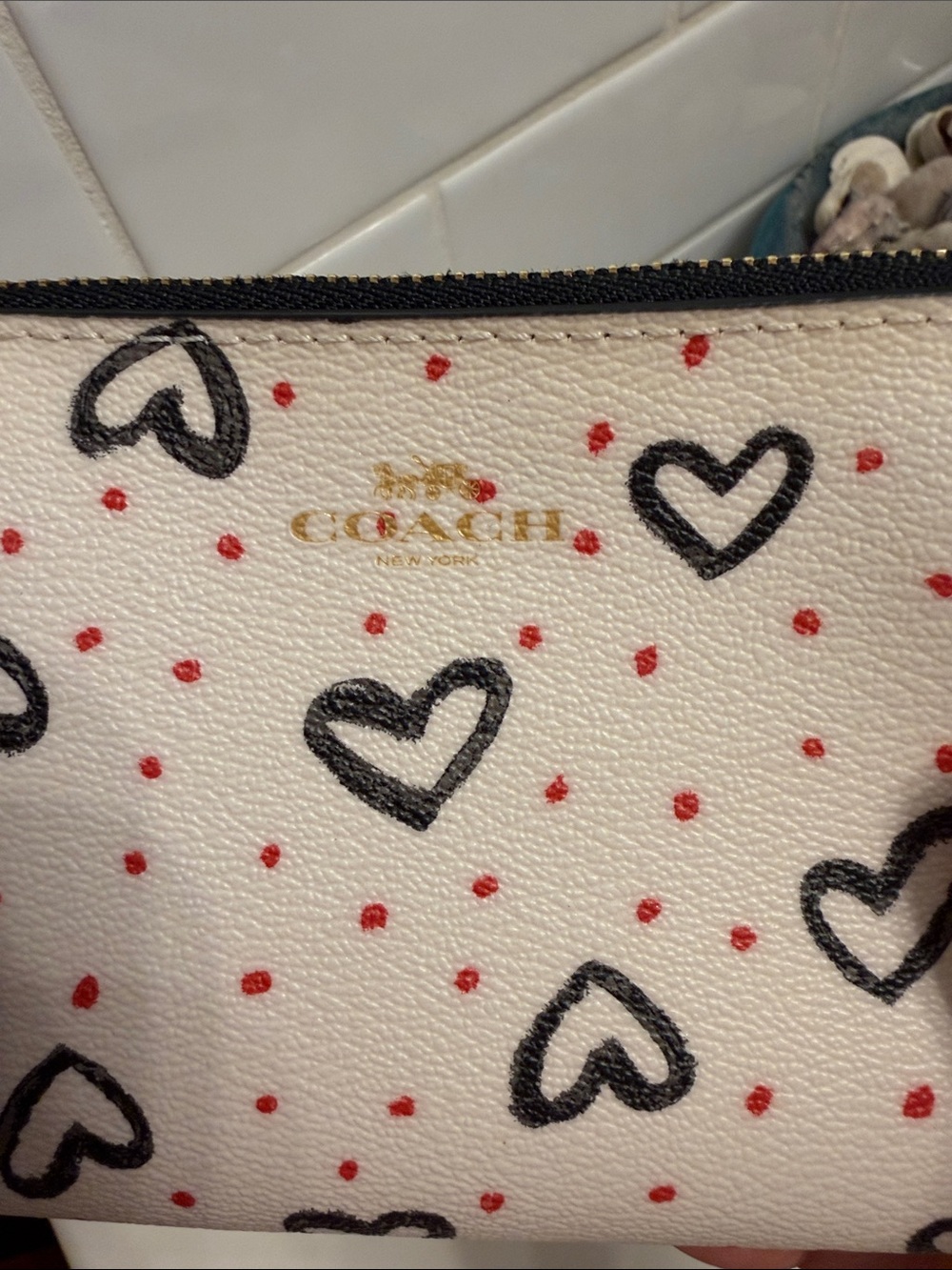 Coach Cream Pebble Leather Wristlet with Black Hearts and Red Dots - Picture 2 of 6